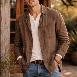 MNG Mango Men's Brown 100% Linen Lightweight Safari Casual Jacket Shacket